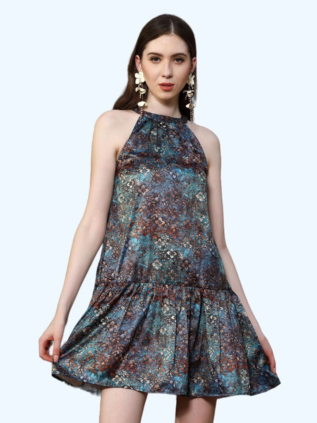 

BELAVINE Floral Print Halter Neck A-Line Mini Dress, Green