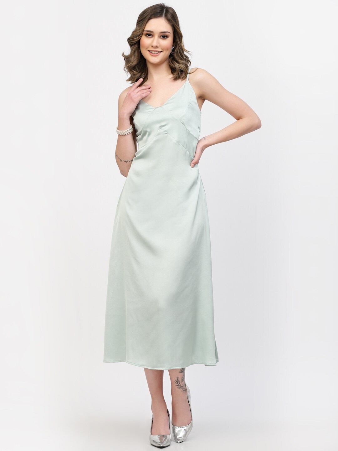 

BELAVINE Shoulder Straps A-Line Midi Dress, Silver