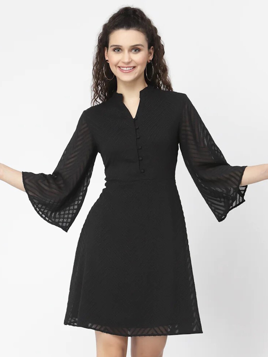 

BELAVINE Self Design Mandarin Collar Fit & Flare Dress, Black