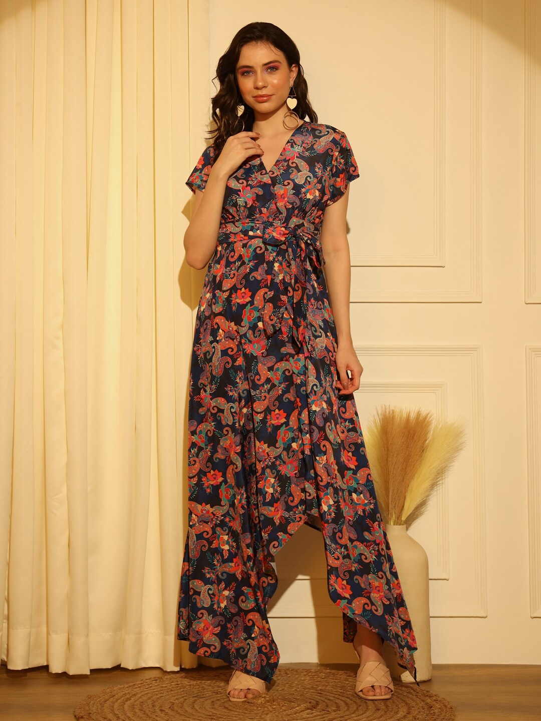

BELAVINE Floral Print V-Neck Short Sleeves Opaque Maxi Dress, Blue