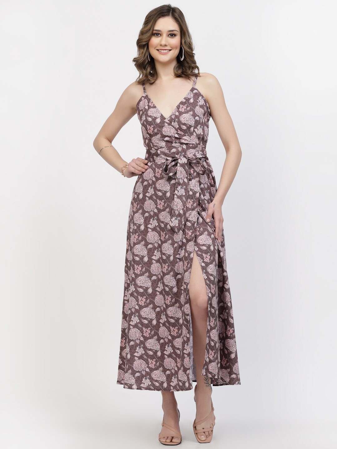 

BELAVINE Floral Print Wrap Maxi Dress, Brown