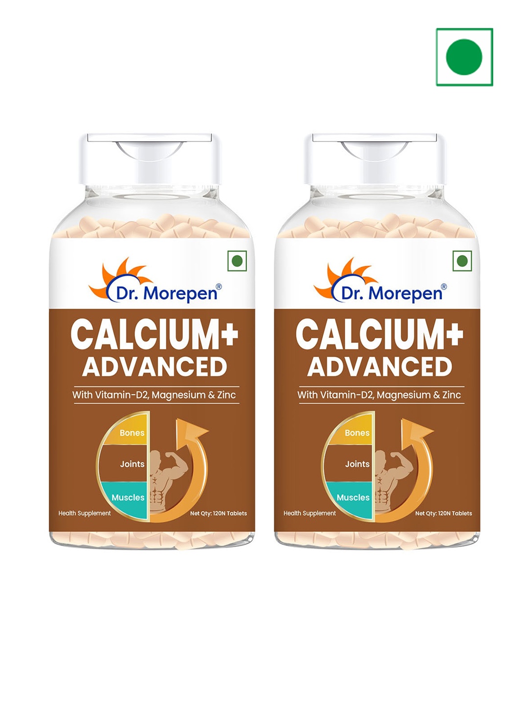 

Dr. Morepen Set of 2 Calcium+Advanced Tablets with Vitamin-D2 & Zinc - 120 Tablets Each, Brown