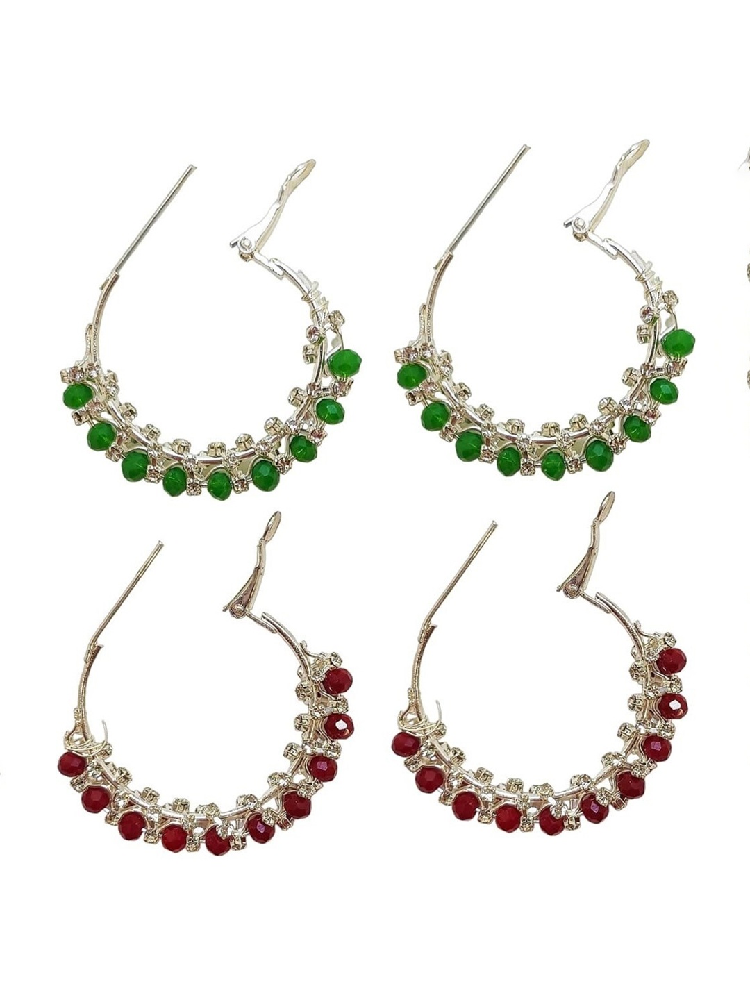 

FEMMIBELLA Set of 2 Silver-Plated Beaded & Stone Studded Circular Hoop Earrings