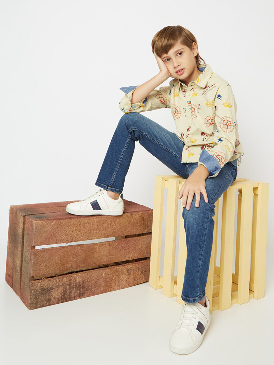 

GAS Boys Slim Fit Graphic Printed Cotton Casual Shirt, Beige