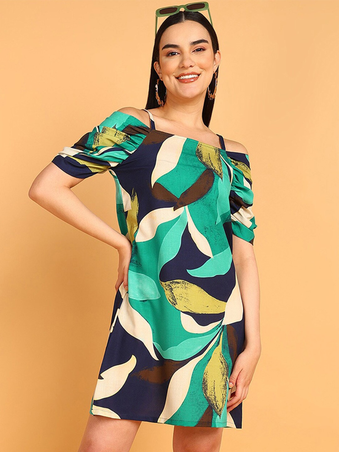 

Fashfun Print Linen Crepe A-Line Dress, Green