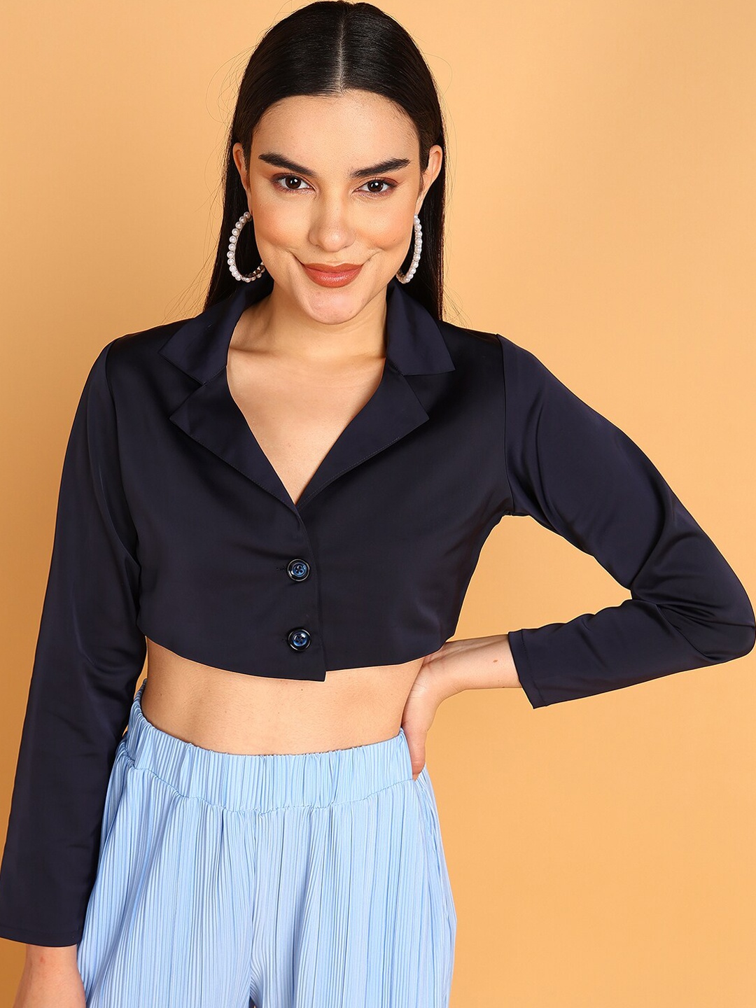 

Fashfun Notched Lapel Collar Long Sleeves Crop Top, Navy blue