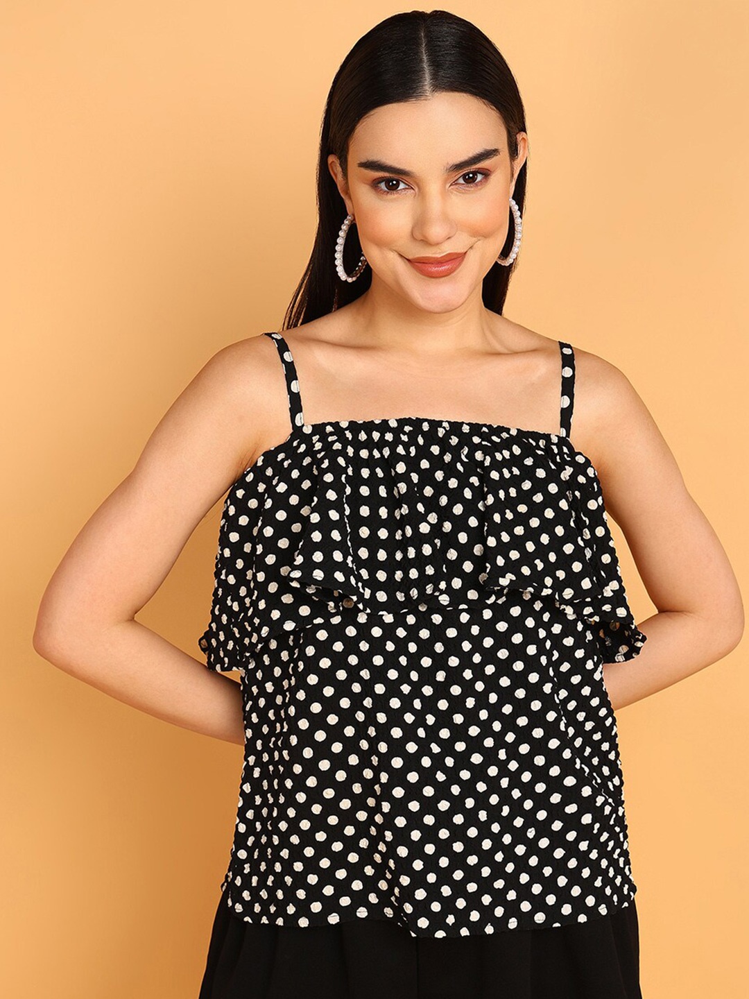 

Fashfun Polka Dots Printed Shoulder Straps Sleeveless Ruffles Top, Black