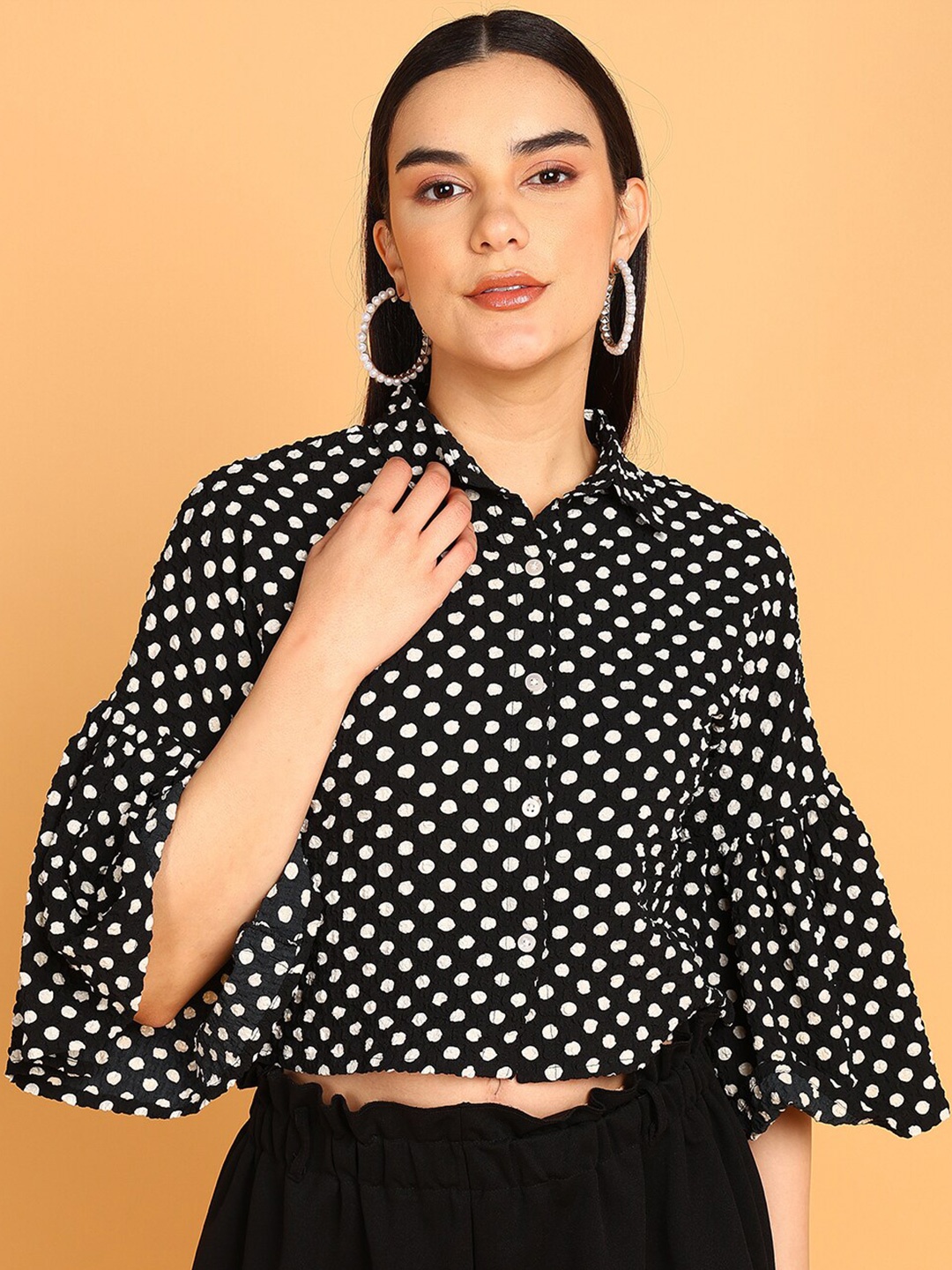 

Fashfun Spread Collar Classic Polka Dot Opaque Printed Casual Shirt, Black