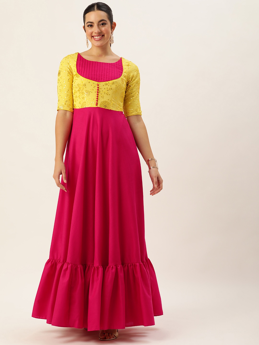 

Ethnovog Ethnic Motifs Embroidered Tiered Maxi Dress, Pink