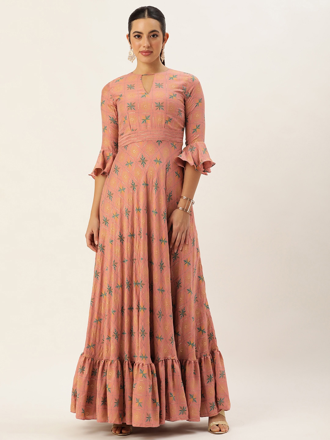 

Ethnovog Floral Print Keyhole Neck Bell Sleeves Tiered Maxi Dress, Peach