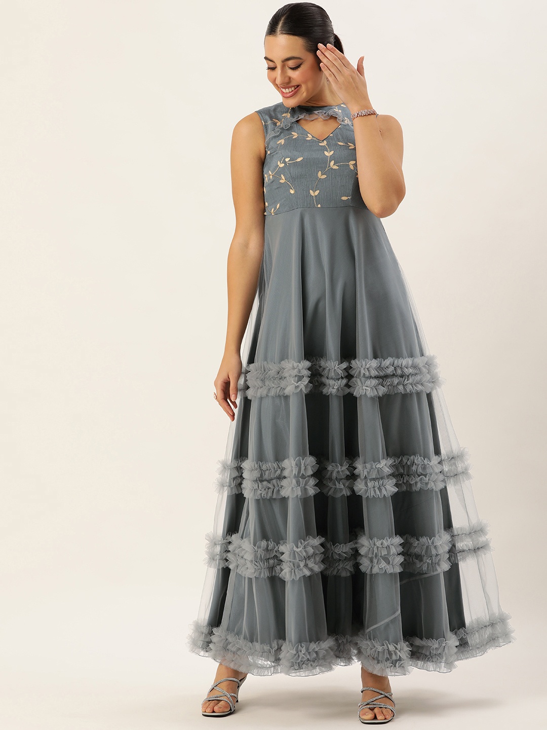 

Ethnovog Floral Embroidered Keyhole Neck Ruffled Maxi Dress, Grey