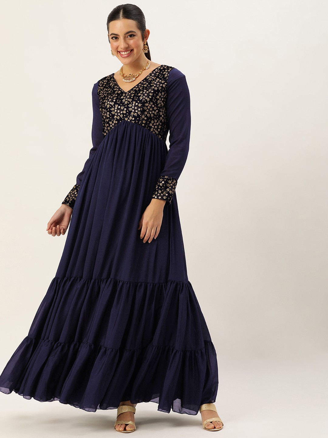 

Ethnovog Floral Sequinned Velvet A-Line Maxi Dress, Navy blue