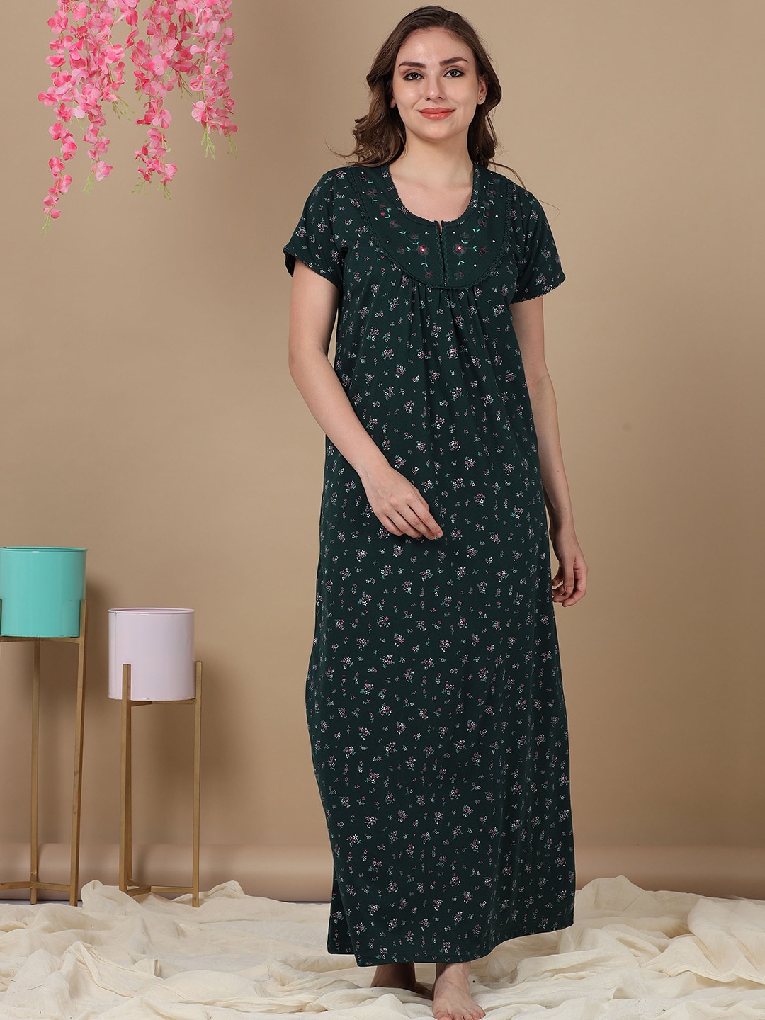 

9shines Label Floral Printed Lace Maxi Nightdress, Green
