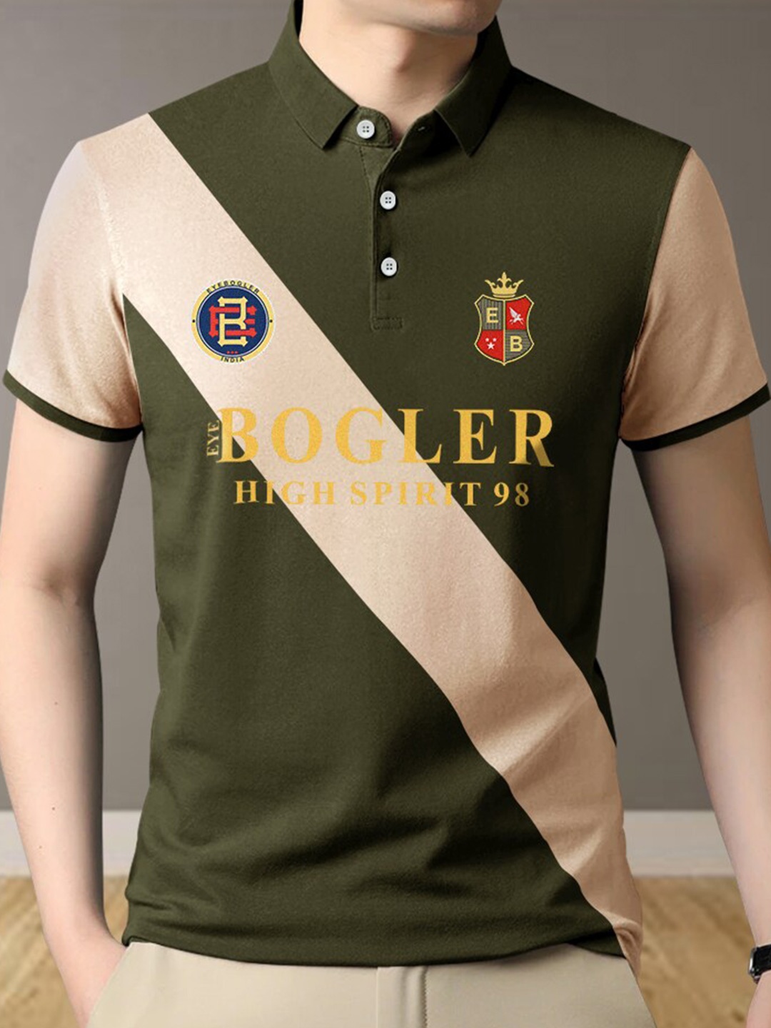 

Eyebogler Colourblocked Polo Collar Cotton T-shirt, Olive