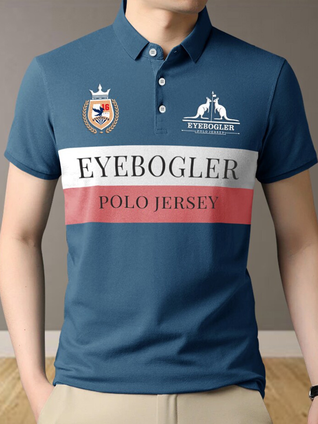 

Eyebogler Colourblocked Polo Collar Cotton T-shirt, Blue