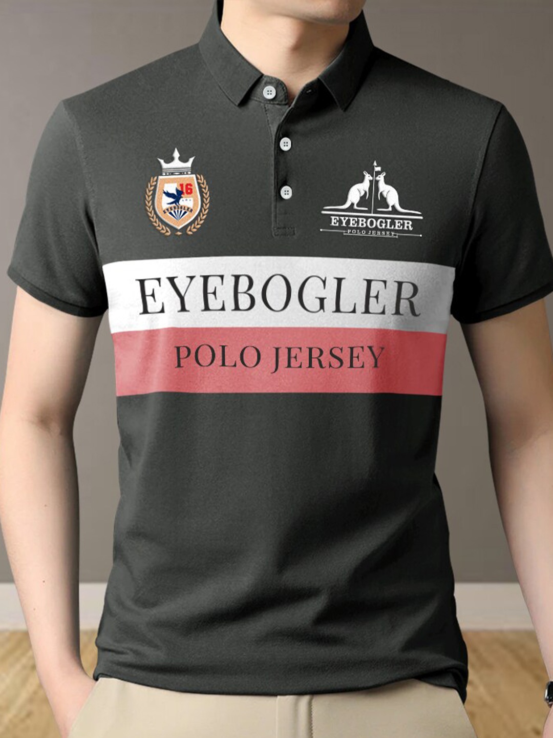 

Eyebogler Typography Printed Colourblocked Polo Collar Cotton T-shirt, Charcoal