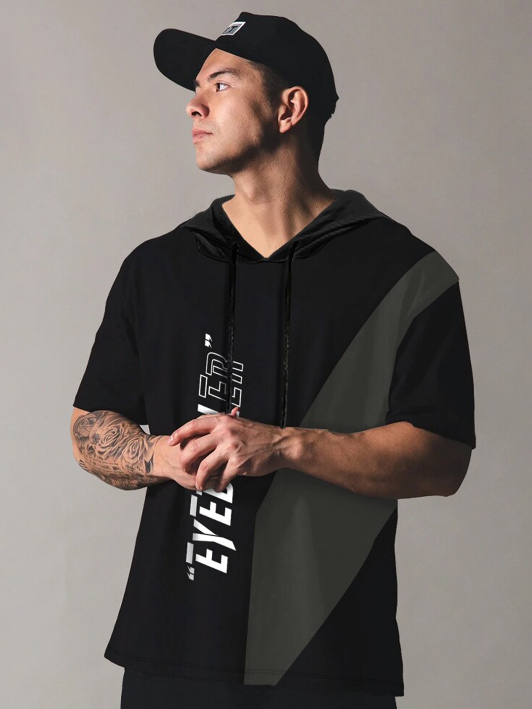 

Eyebogler Brand Logo Printed Hooded Loose Fit Cotton T-shirt, Black