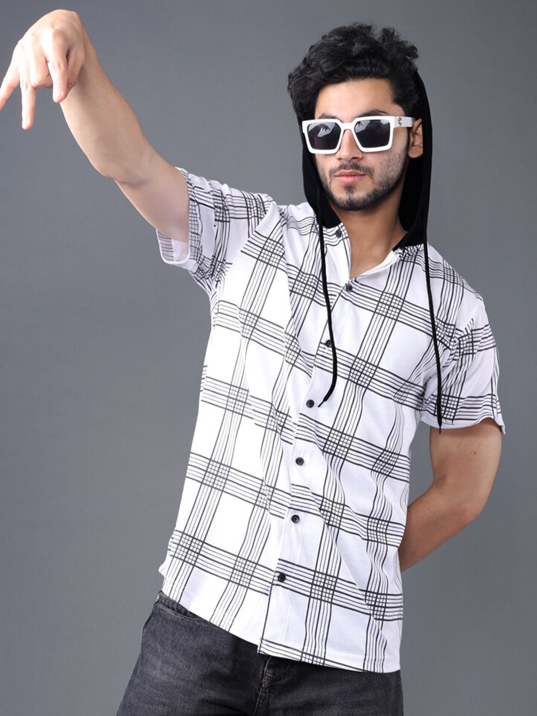 

Eyebogler Geometric Printed Hooded Cotton shirt, White