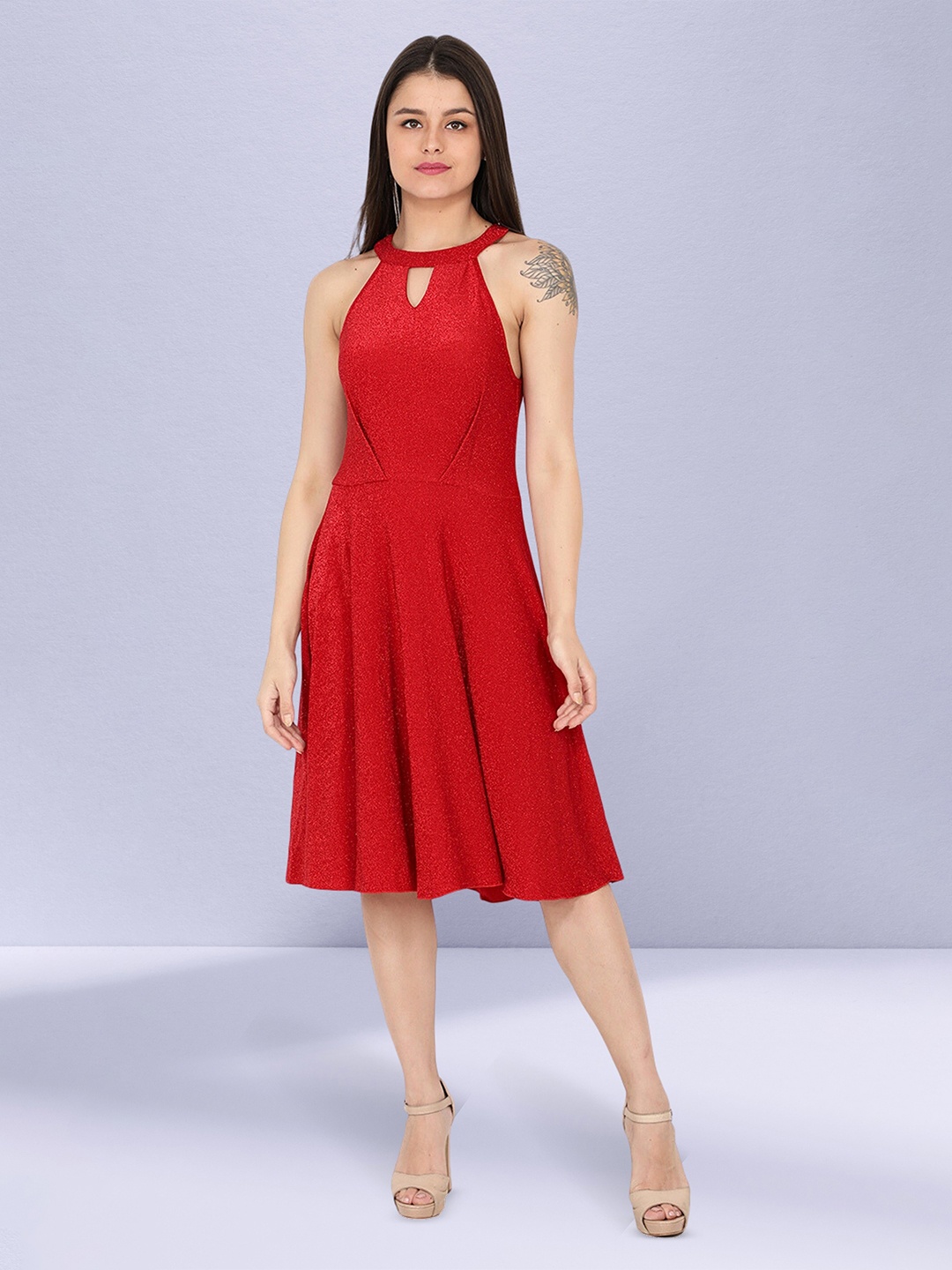 

NUEVOSDAMAS Keyhole Sleeveless Neck Fit & Flare Dress, Red