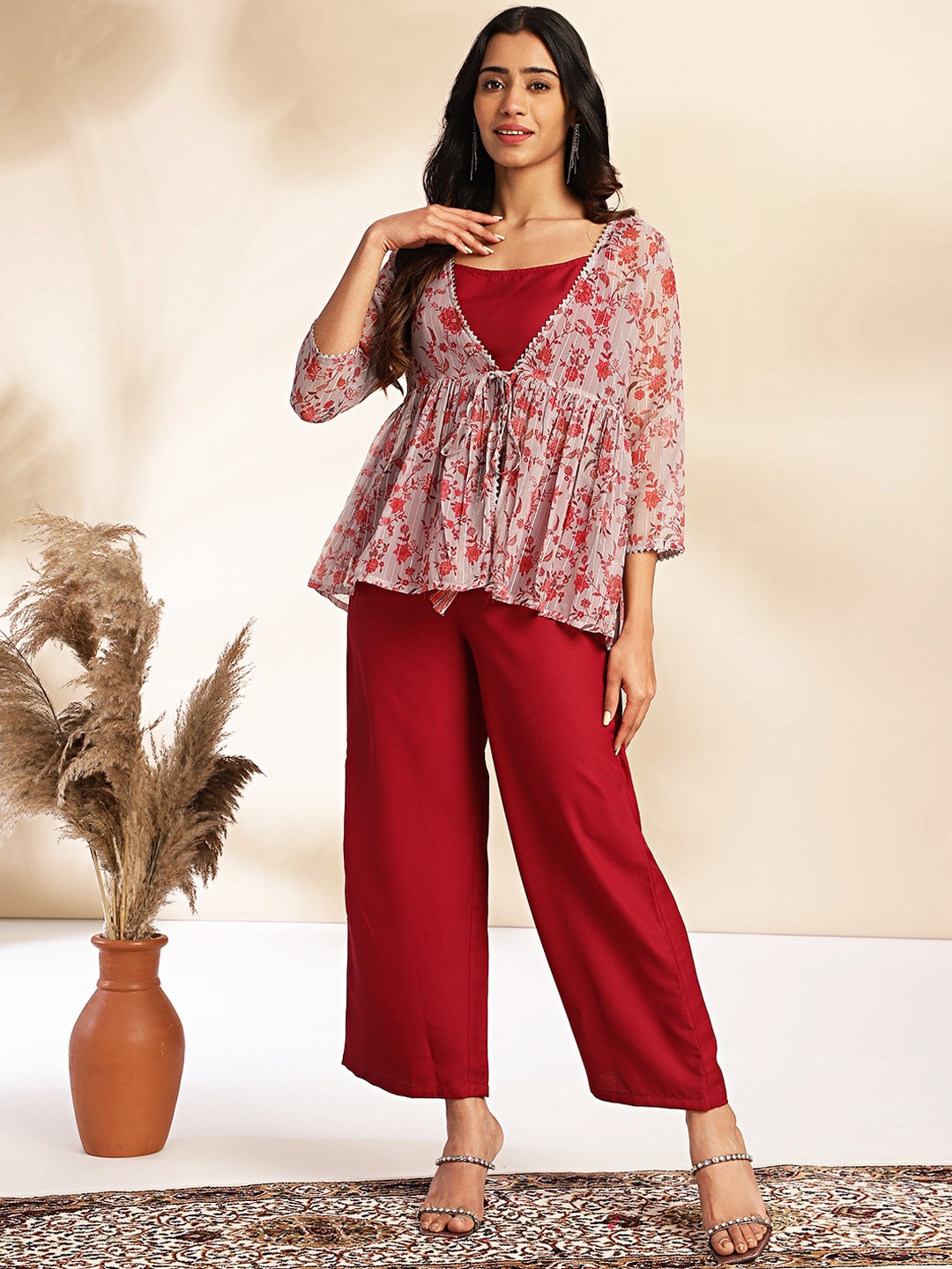

Janasya Women's Wine Moss Solid Crop Top with Pant and Jacket, Red