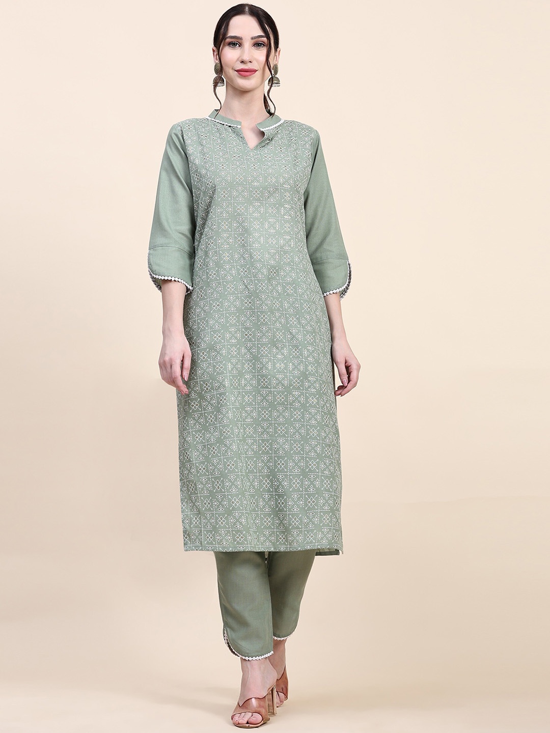 

CaniBani Ethnic Motifs Printed Band Collar Pure Cotton Straight Kurta With Trouser, Olive
