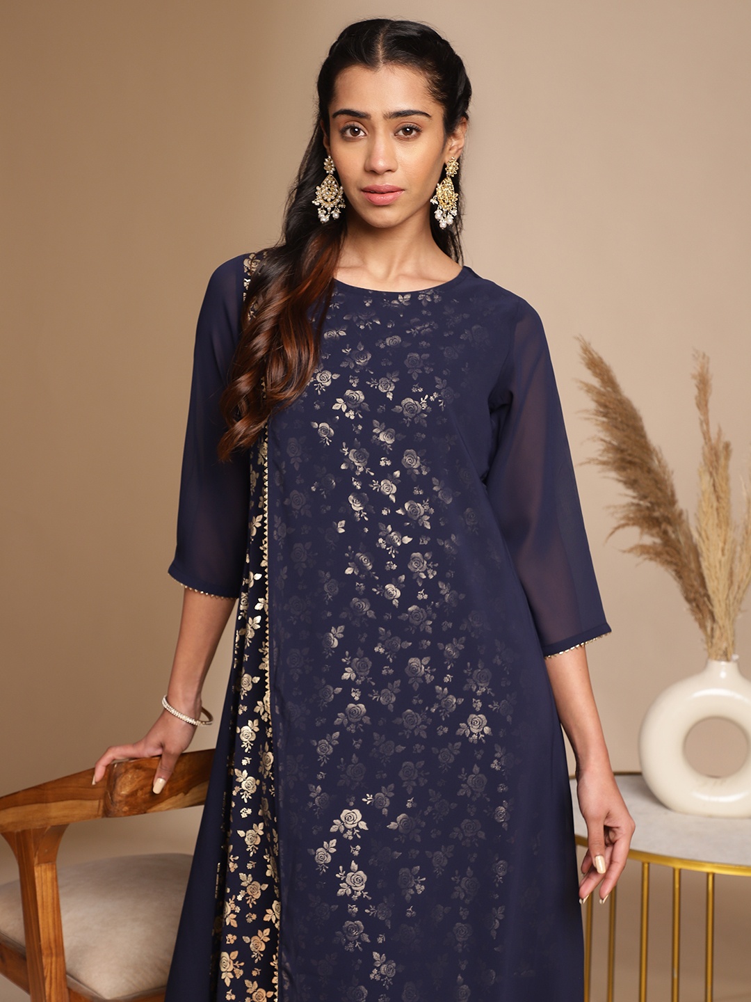 

Janasya Women's Navy Blue American Crepe Foil A-Line Kurta