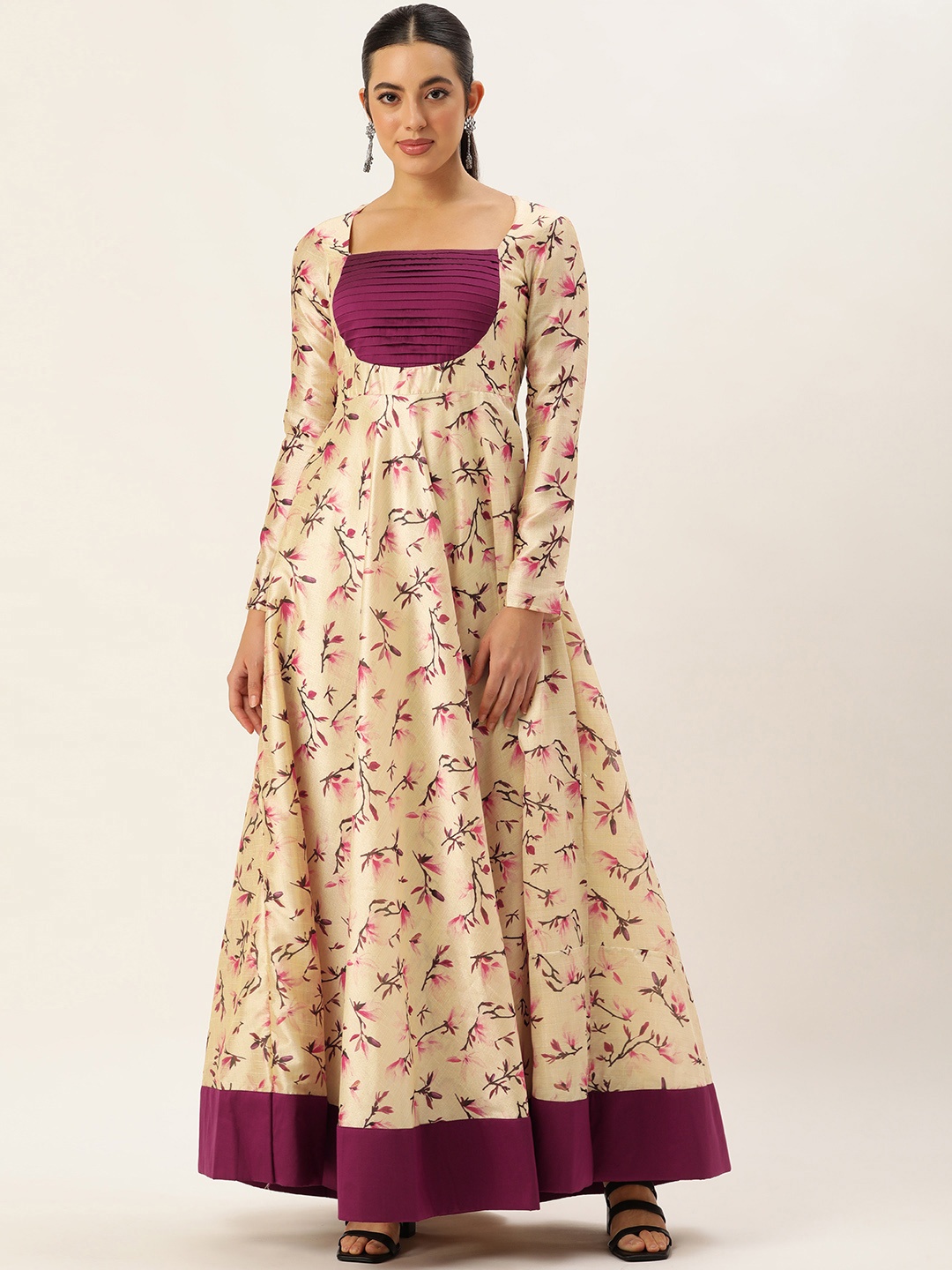 

Ethnovog Floral Print Formal Maxi Dress, Beige