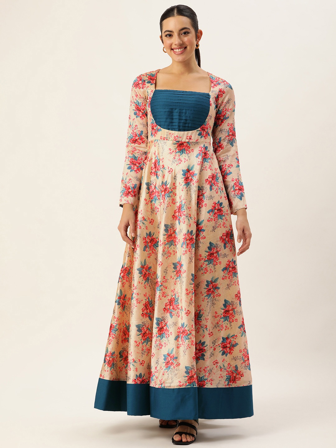 

Ethnovog Floral Print Formal Maxi Dress, Beige