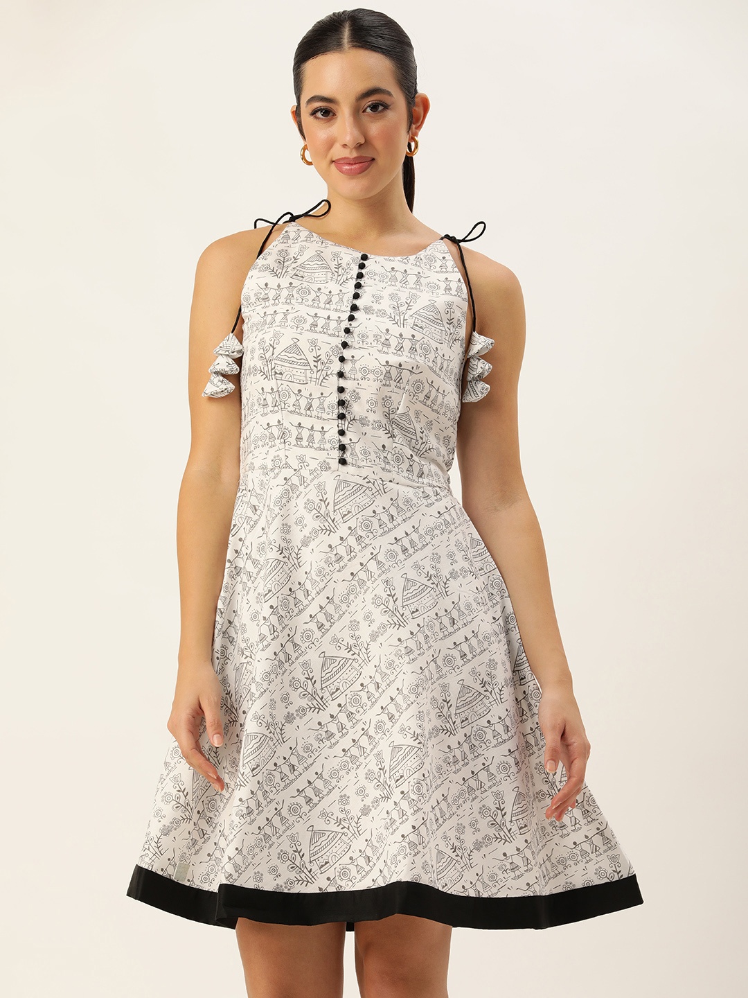 

Ethnovog Print Fit & Flare Dress, White