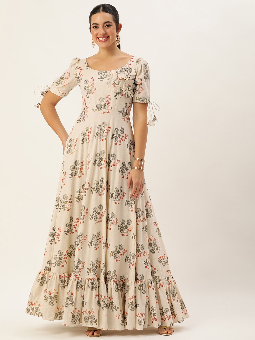 

Ethnovog Floral Printed Cotton Maxi Dress, Off white