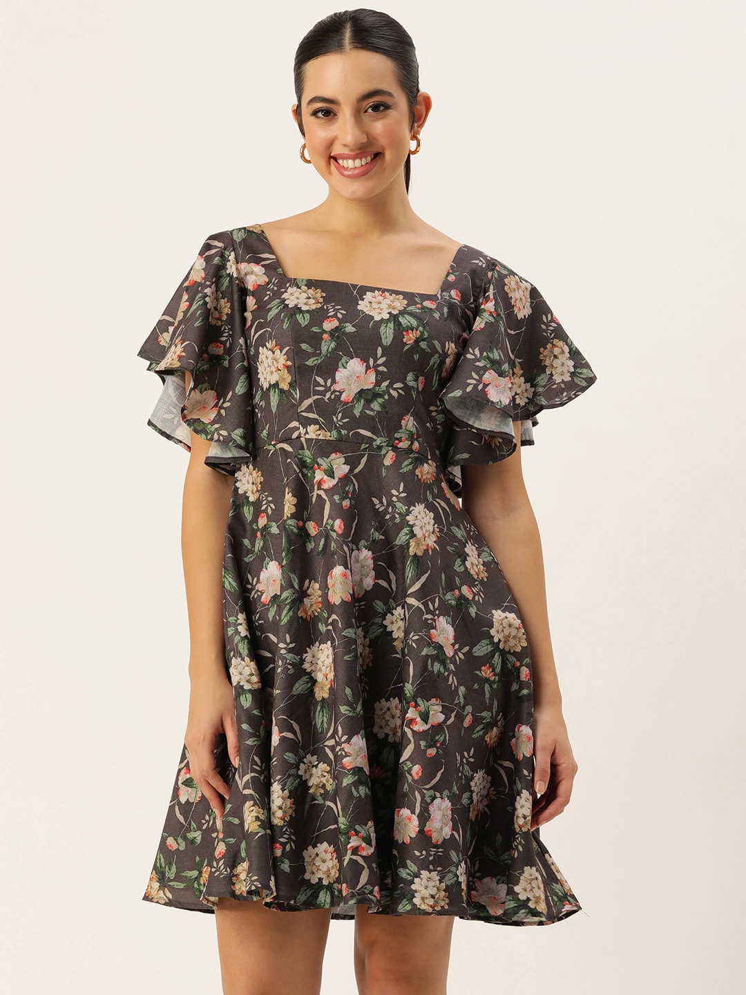 

Ethnovog Floral Print Flared Sleeves A-Line Dress, Grey