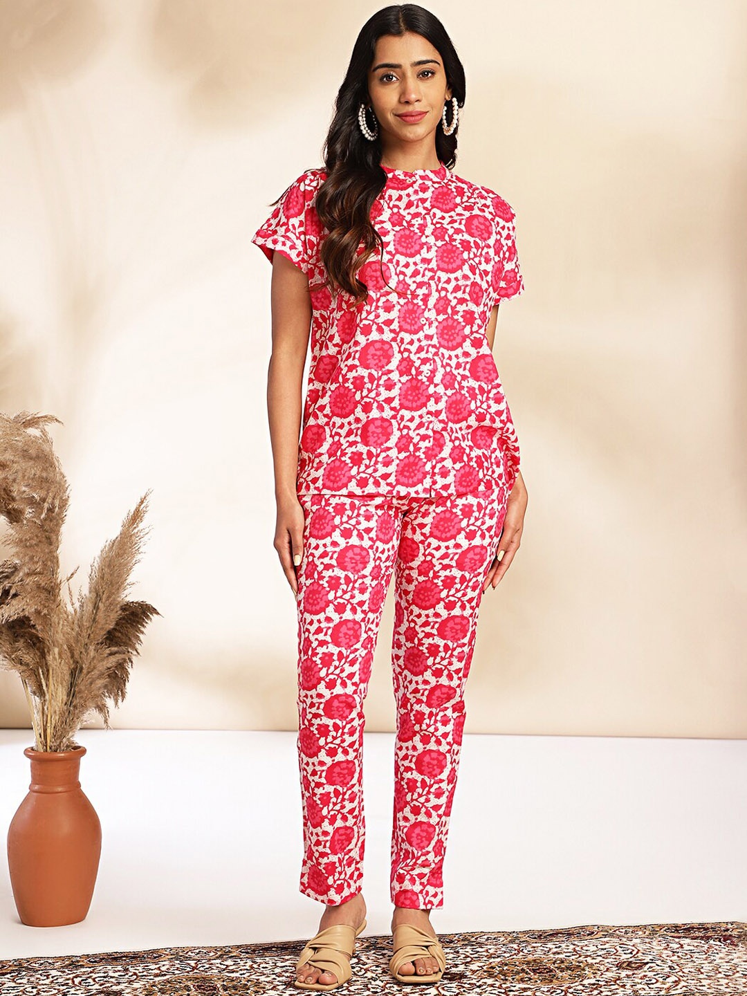 

Janasya Cotton Printed Co-Ord Set, Pink