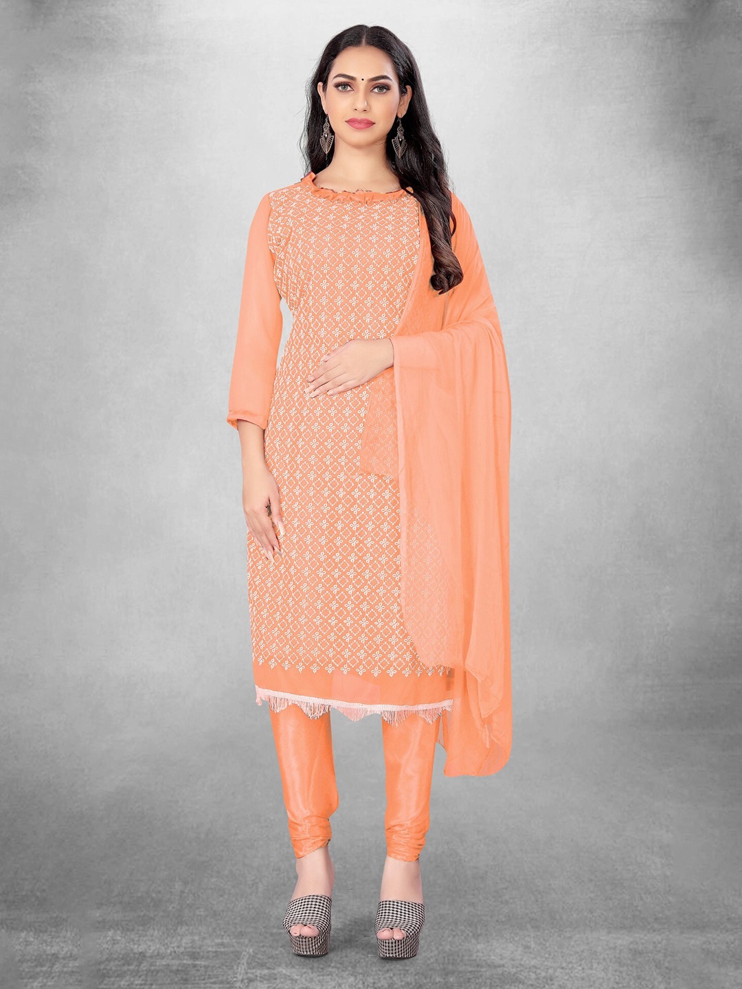 

LeeliPeeri Designer Geometric Embroidered Unstitched Dress Material, Peach