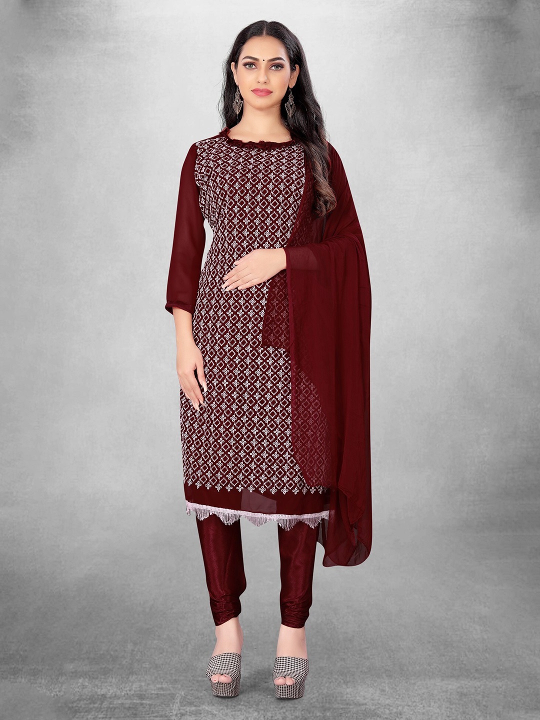 

LeeliPeeri Designer Geometric Embroidered Unstitched Dress Material, Maroon