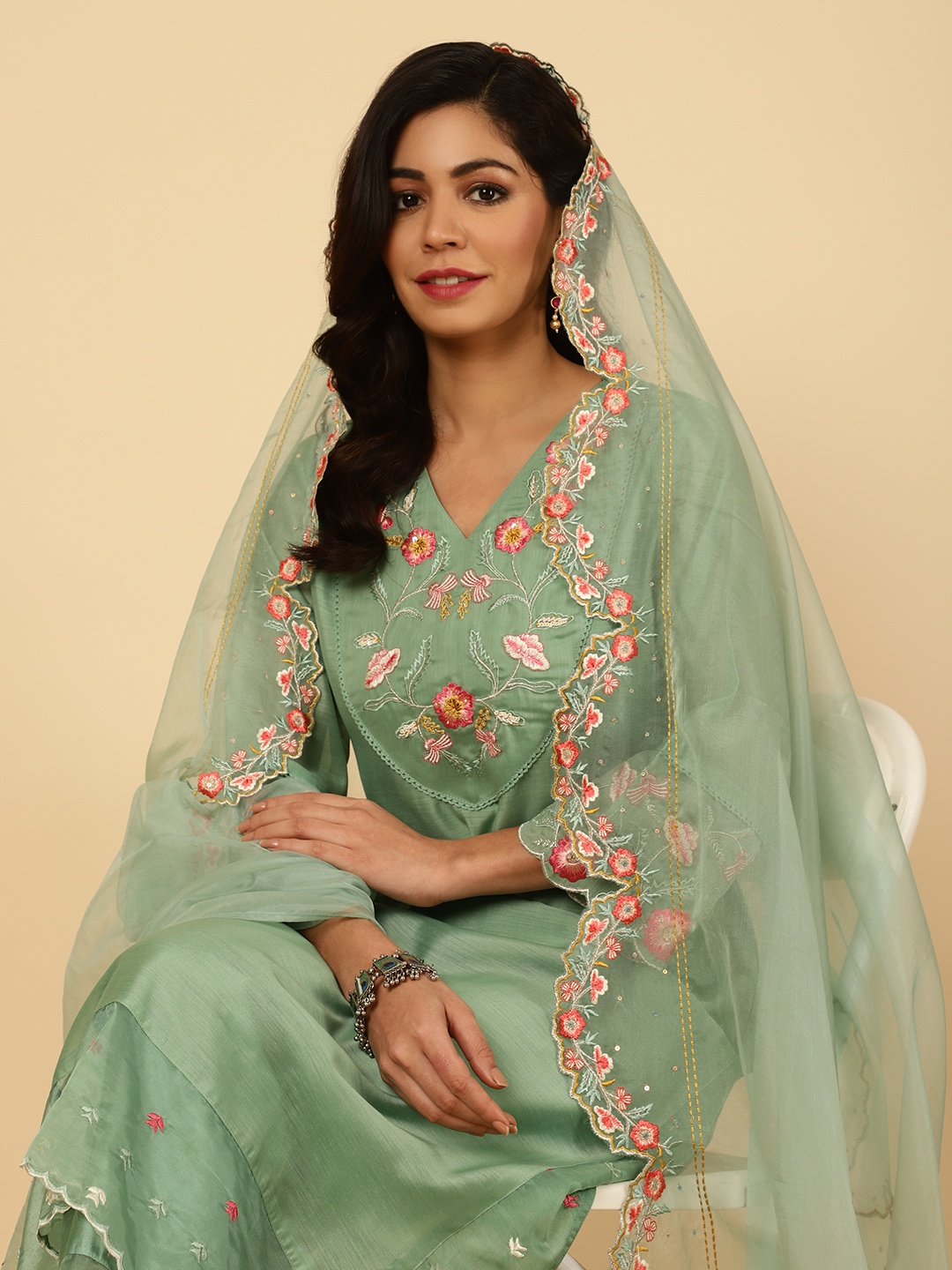 

Jaipur Kurti Floral Embroidered V-Neck Aari Work Straight Kurta with Trousers & Dupatta, Sea green