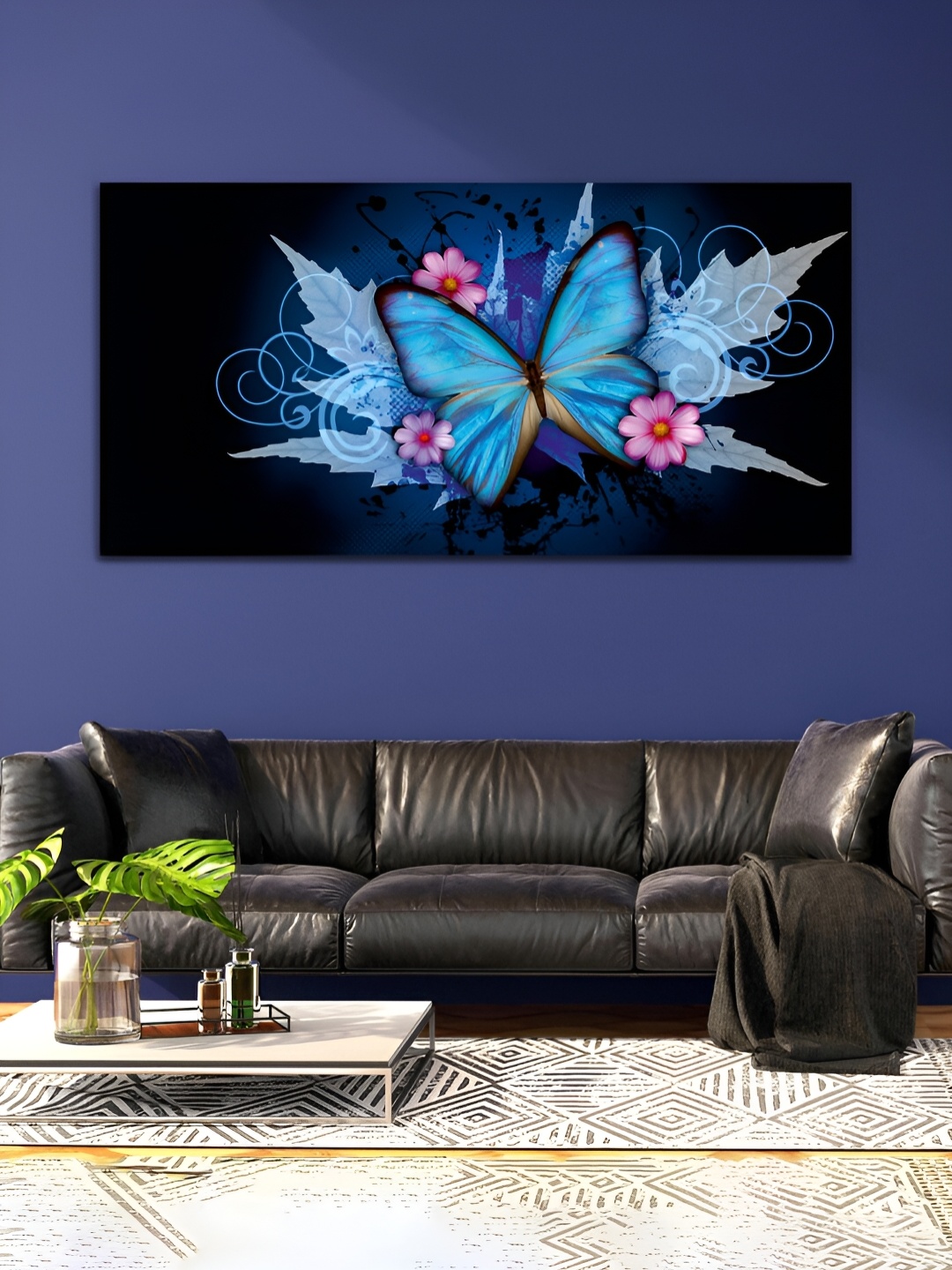 

MITHILA Handicrafts Navy Blue & Pink Butterfly Canvas Framed Paintings Wall Art