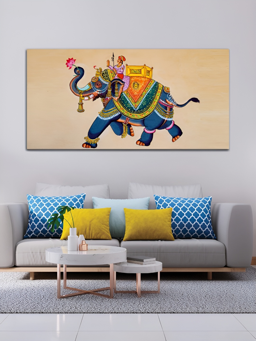 

MITHILA Handicrafts Beige & Blue Elephant Framed Canvas Paintings Wall Art