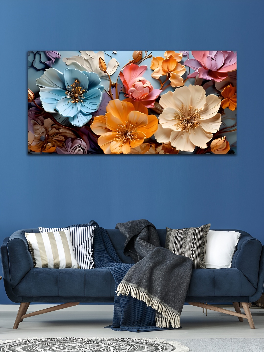 

MITHILA Handicrafts Orange & Blue Flowers Canvas Framed Paintings Wall Art