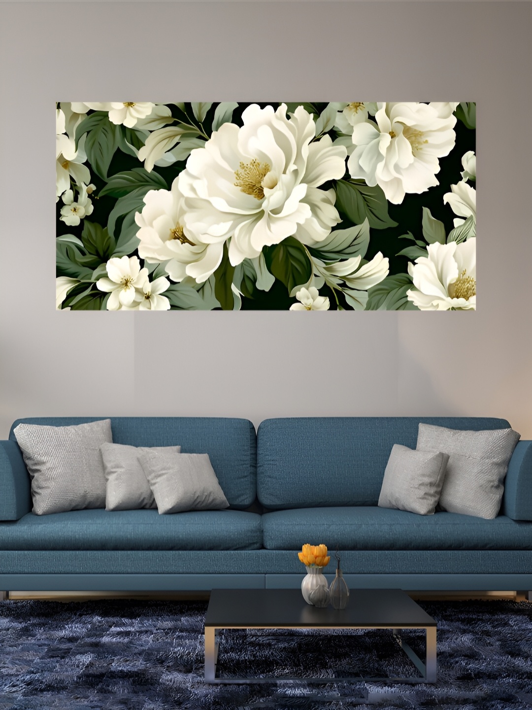 

MITHILA Handicrafts White & Olive Flowers Canvas Wall Art