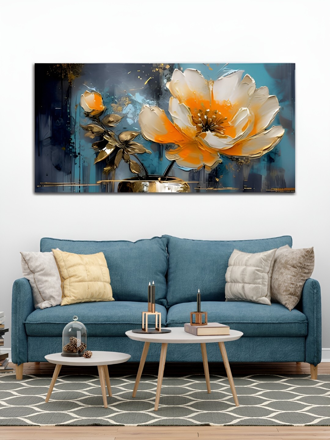 

MITHILA Handicrafts Blue & Orange Floral and Botanical Canvas Wall Art
