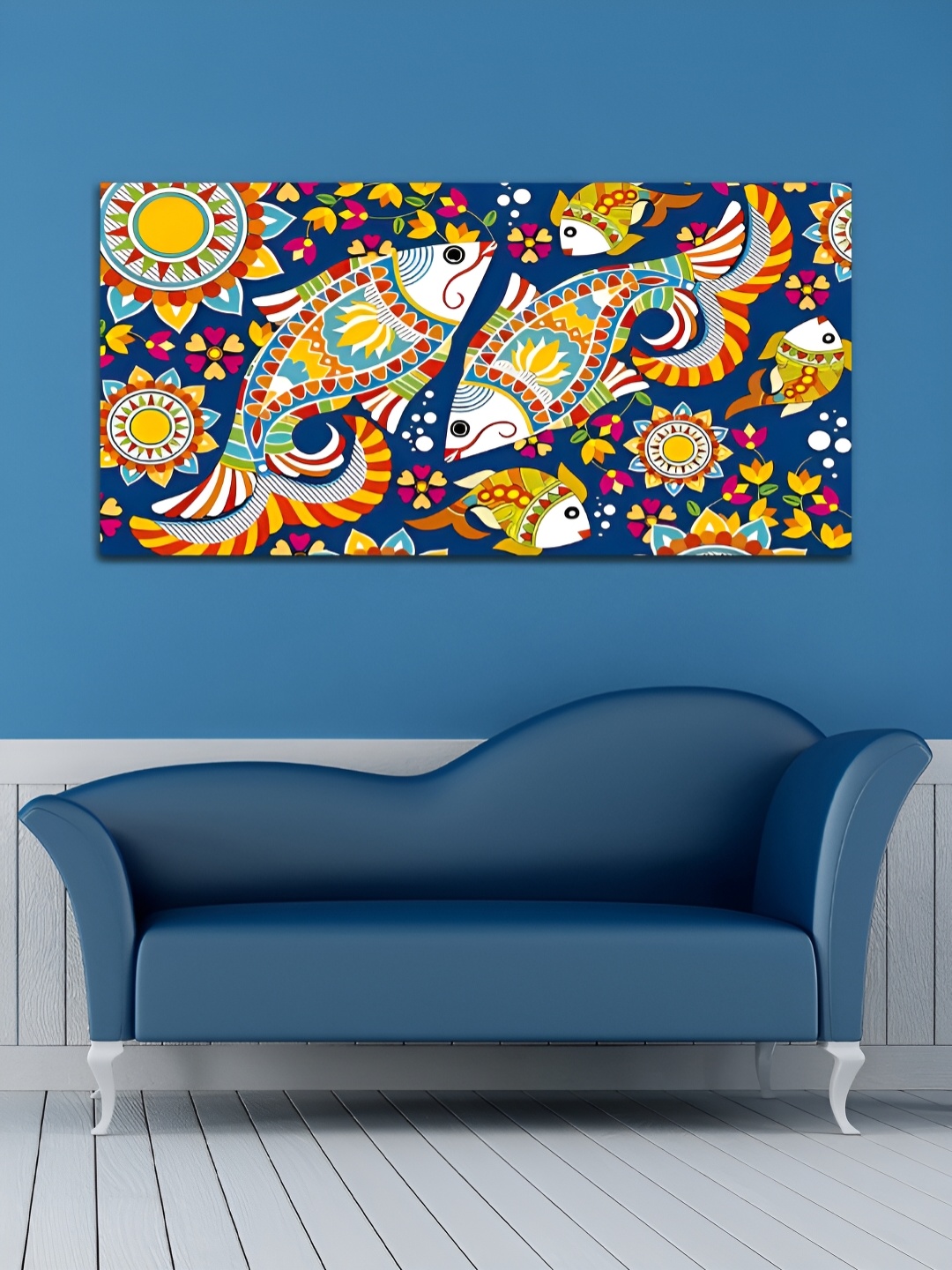 

MITHILA Handicrafts Navy Blue & White Madhubani Printed Canvas Framed Paintings Wall Art