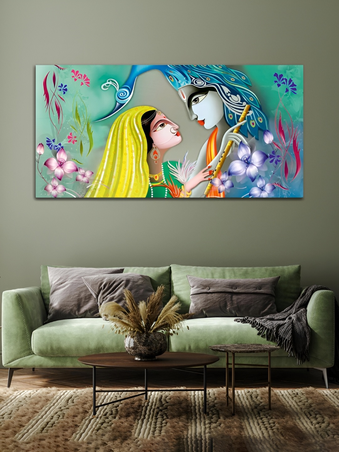 

MITHILA Handicrafts Green & Yellow Radha Krishna Canvas Painting Wall Art