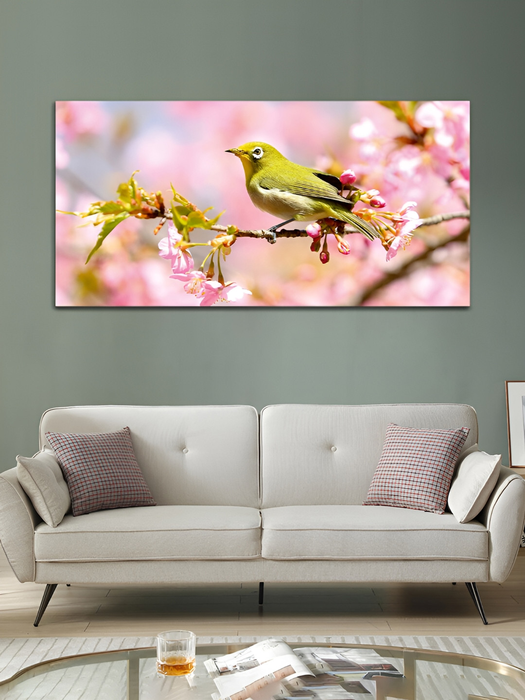 

MITHILA Handicrafts Pink & Green Birds Canvas Framed Paintings Wall Art