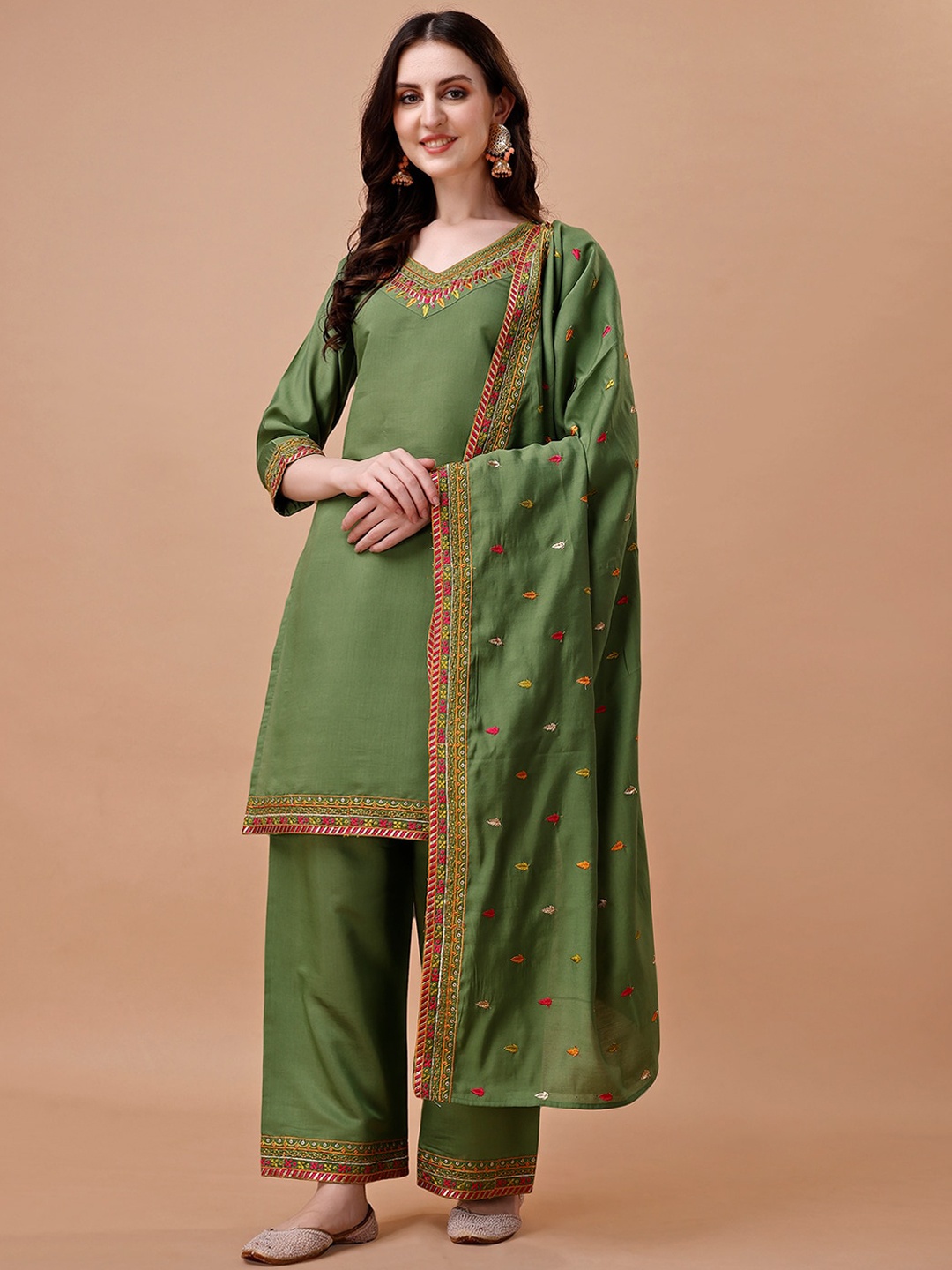 

KALINI Ethnic Motifs Zari Embroidered V-Neck Straight Kurta With Palazzos & Dupatta, Green