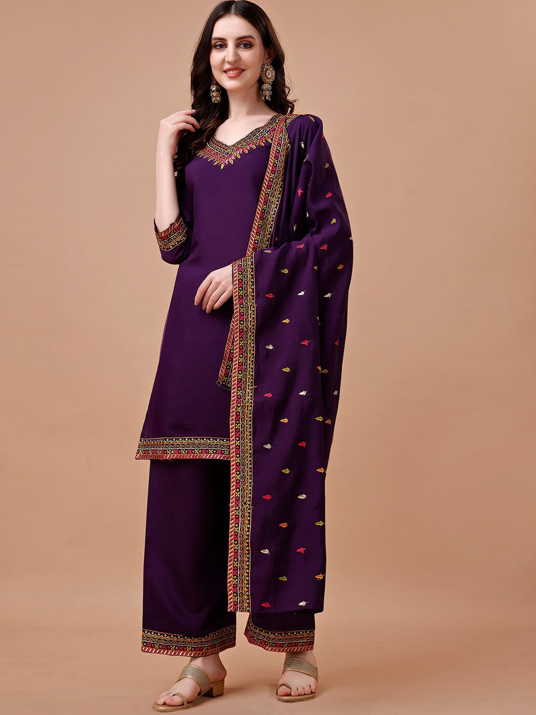 

KALINI Ethnic Motifs Zari Embroidered V-Neck Straight Kurta With Palazzos & Dupatta, Purple