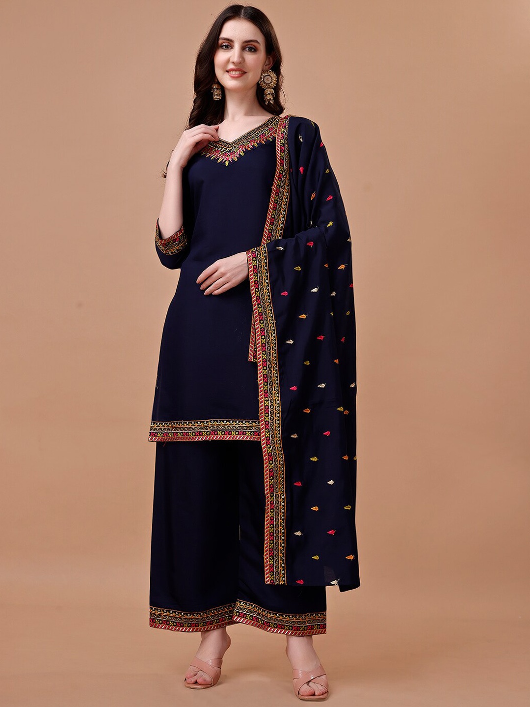 

KALINI Ethnic Motifs Embroidered Straight Kurta with Palazzos & Dupatta, Blue