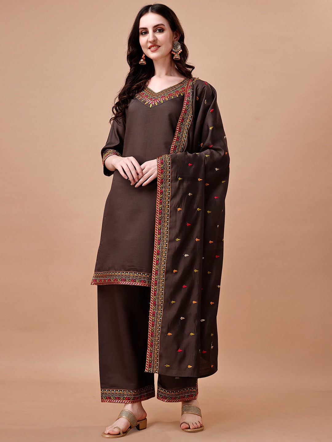 

KALINI Ethnic Motifs Embroidered Straight Kurta with Palazzos & Dupatta, Brown