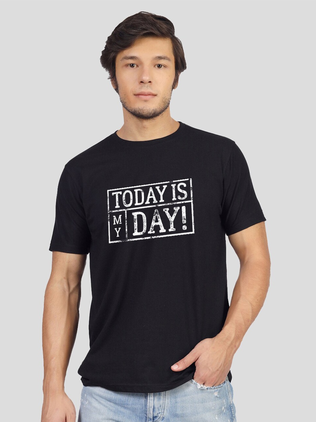 Greylongg Typography Printed Short Sleeves Round Neck Cotton T-shirt, Black