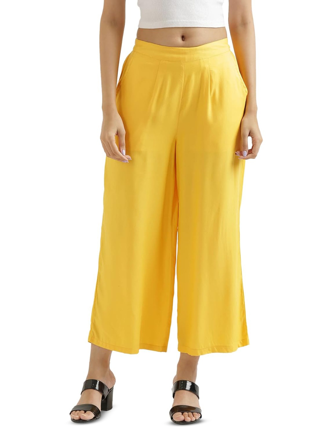 

CHANDERKASH Women Wide Leg Cotton Palazzos, Yellow