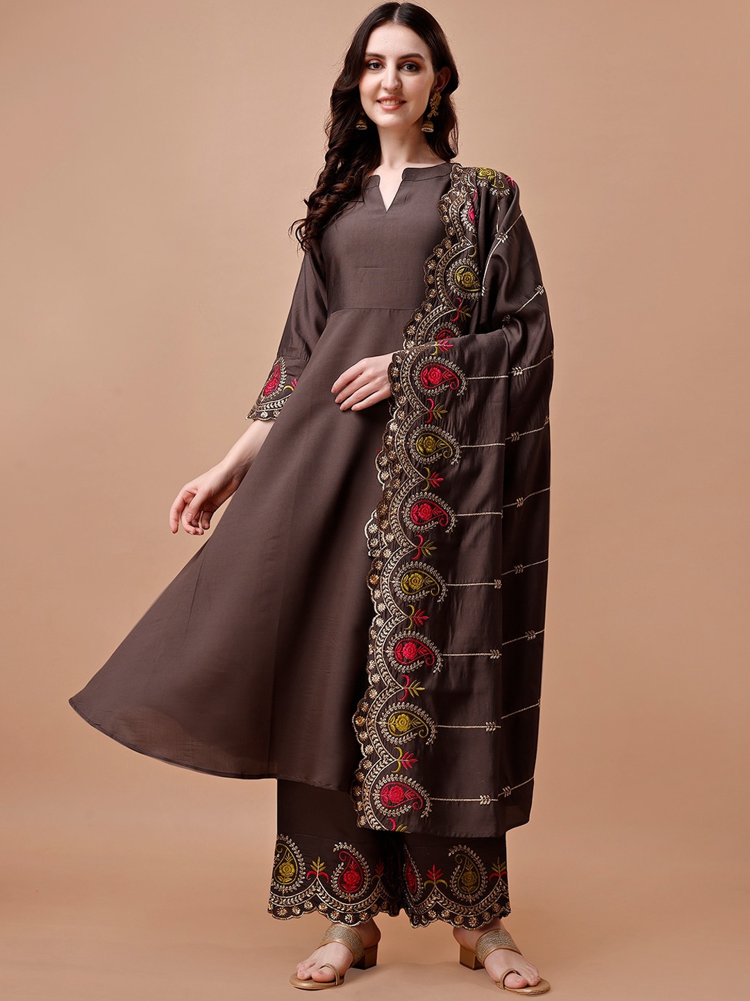 

KALINI Ethnic Motifs Embroidered Regular Kurta with Palazzos & With Dupatta, Brown